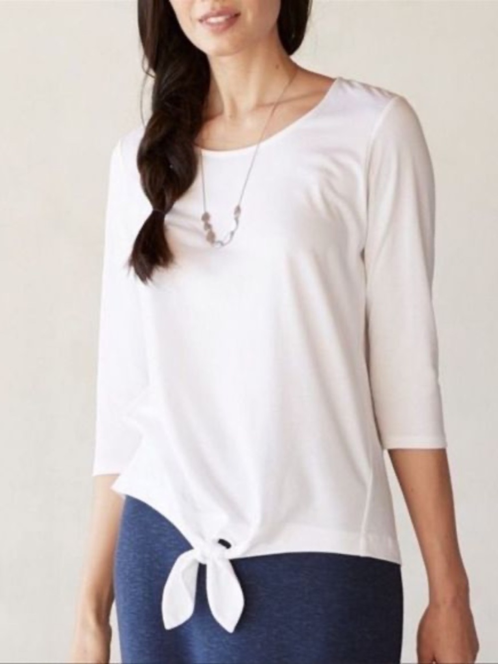 White Tie Front Top Size M Short / 3/4 Sleeve Soft Casual Blouse